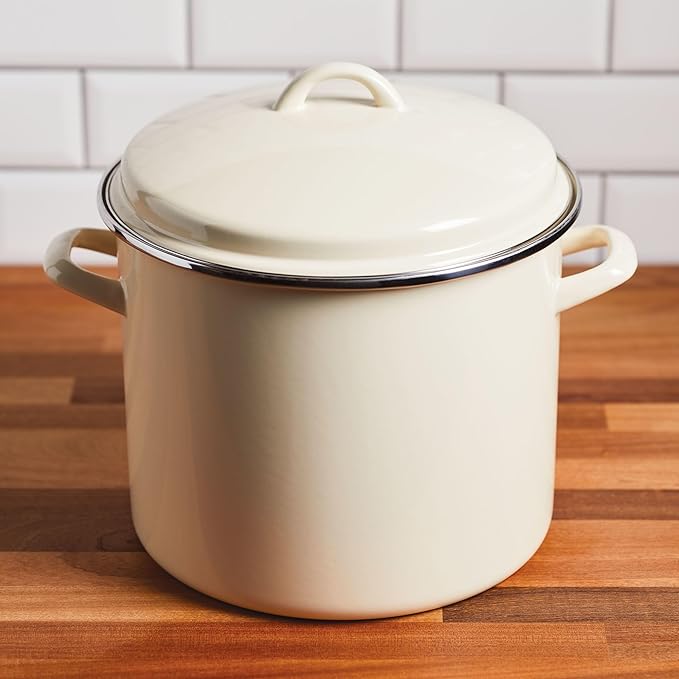 Rachael Ray Enamel on Steel Stockpot with Lid, Induction Suitable, 12 Quart, Almond Cream - Image 2