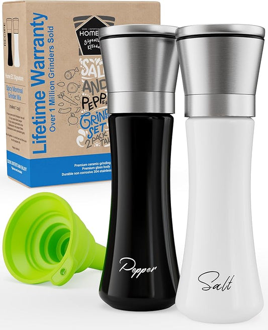 HOME EC Stainless Steel Salt and Pepper Grinder Set of 2 - Adjustable Ceramic Sea Salt Grinder & Pepper Grinder - Glass Salt and Pepper Shakers - Pepper Mill & Salt Mill W/Funnel - Black and White by HOMEEC