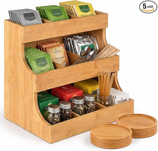 Tea bag organizer with 3-tier storage & 4 matching coasters. Fully assembled. Deluxe bamboo tea organizer for tea bags, coffee pods, condiments and pantry organization. Holds up to 180 tea bags.