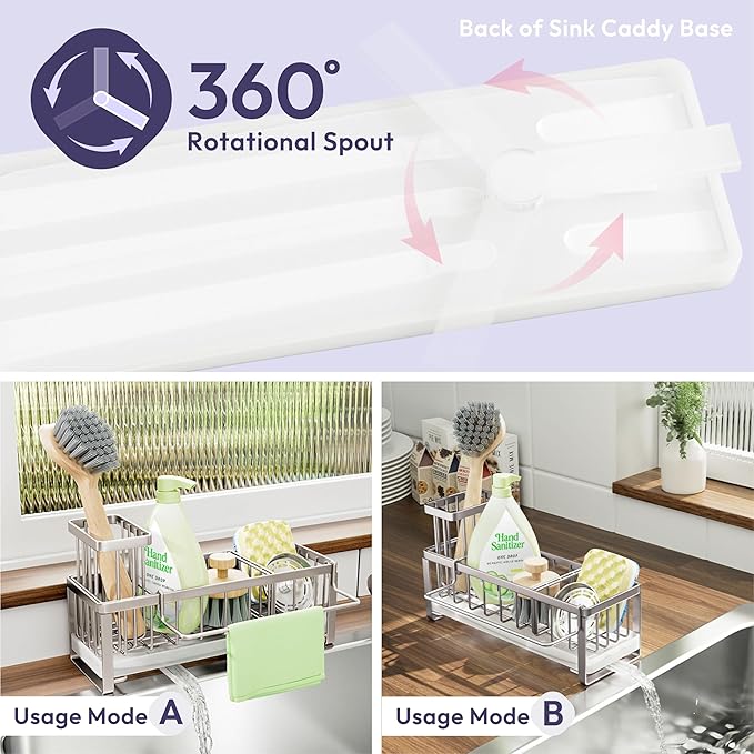 SWTYMIKI Sponge Holder for Kitchen Sink - Sink Caddy with Brush Holder Self-draining Sponge Caddy Organizer with Divider Stainless Steel Kitchen Accessories Storage for Countertop, Silver - Image 2