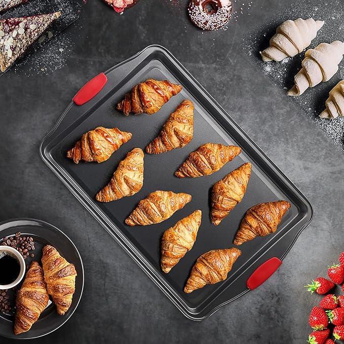 Baking Sheet Set, 2-Piece Large Cookie Sheet Set with Silicone Handles, Steel Baking Pan, Baking Sheets for Oven, BPA Free Nonstick Set, Half Sheet Pans, Black Baking Tray - Image 8