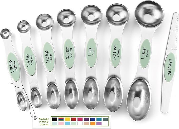 Spring Chef Stainless Steel Magnetic Measuring Spoons Set of 8 with Leveler, Dual Sided Teaspoon & Tablespoon Set, Nesting Metal Kitchen Gadgets for Baking & Cooking, Fits in Spice Jars - Pistachio by SpringChef