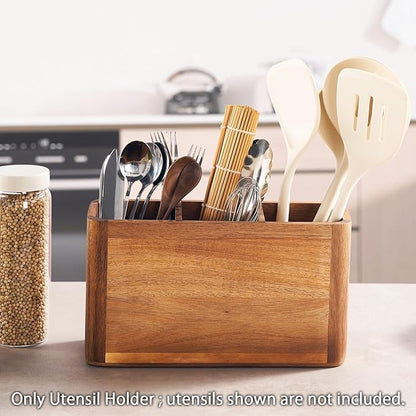 12" Wooden Kitchen Utensil Holder, Extra Large Acacia Wood Organizer for Cooking Tools, Utensils & Cutlery Storage – 3-Compartment Countertop Holder