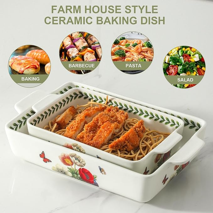 Ceramic Papaver rhoeas Baking Casserole Dish with Handles, Large 2 pieces 8x13 inch & 6x10 inch Lasagna Baking Dish and Middle Flower Andplant Baking Pan,Porcelain Serving Bakeware Set - Image 4