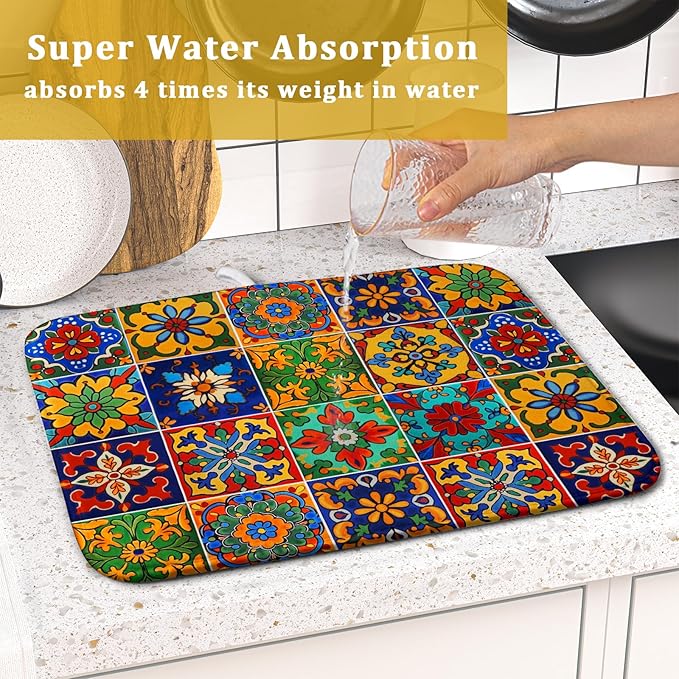 Mexican Tiles Dish Drying Mat for Kitchen Counter Absorbent Microfiber Dish Drying Pad Kitchen Gadgets Multi-use - Image 7