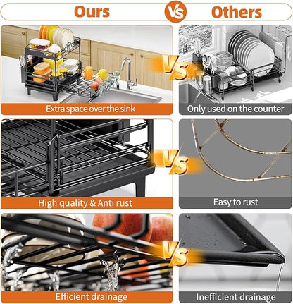 Urackify Dish Drying Rack - Extendable Dish Drainer, Large Dish Rack for Kitchen Counter, Rustproof Dish Strainer with Utensil Holder and Cups Holder, 2 Tier Black - Image 6