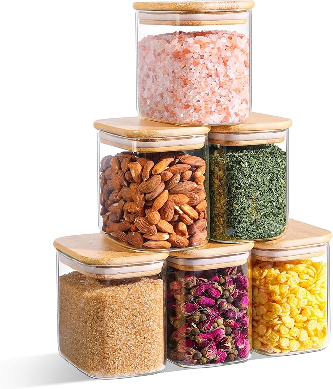ComSaf 0.7 Qt Rectangle Glass Storage Containers with Lids, Glass Jars with Bamboo Lids, Clear Food Jar, Sugar Coffee Containers, Small Pantry Storage Container for Tea Candy Nuts Spices Oat by ComSaf