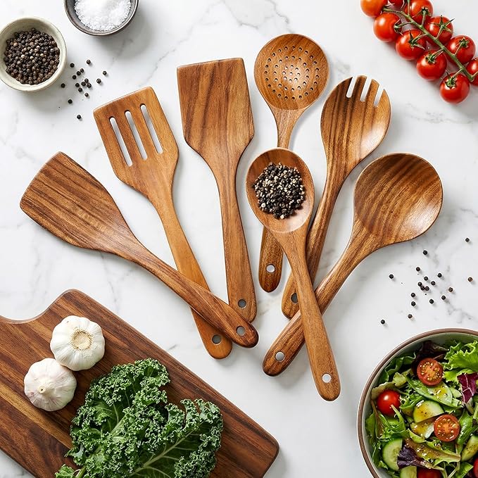 7 Pcs Acacia Wood Cooking Utensils Set Large Wooden Spoons for Cooking Spatula Salad Mixing Spoon Non Toxic Utensil for Kitchen Use Spatulas Non Stick Turner Slotted Serving Spoon Kitchen Utensils - Image 7