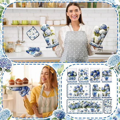 Fanfanwin 10 Pcs Chinoiserie Blue White Hydrangea Kitchen Decor Set Blue and White Chinese Floral Dish Towels Rugs Oven Mitts Pot Holders for Cooking Baking Mom Gift Home Hydrangea Decor