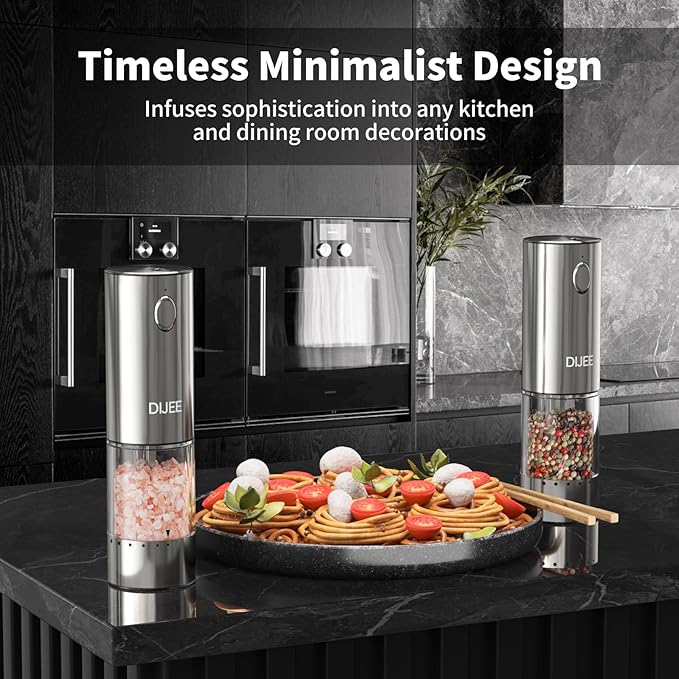 Electric Salt and Pepper Grinder Set,USB Rechargeable Pepper Mill with 6 Coarseness Settings, Automatic One-Touch Operation, Large Capacity Stainless Steel Spice Mills for Kitchen (2 Pack, Silver)