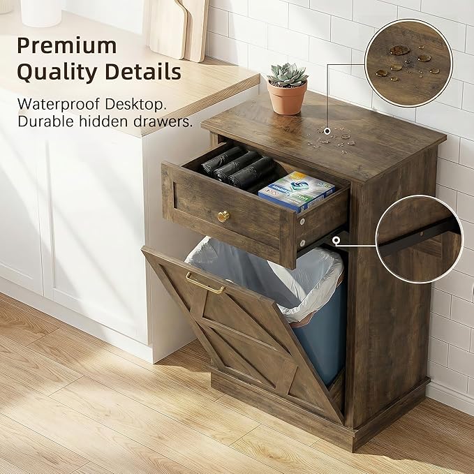 YESHOMY Tilt Out Trash Cabinet,10 Gallon Hidden Wooden Bin Cabinets, Laundry Hamper with Drawers, for Kitchen, Dining Room(Dark Brown)