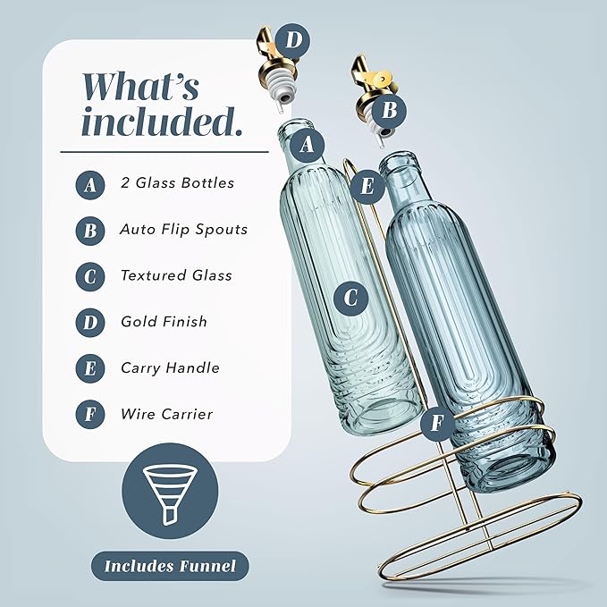 COOK WITH COLOR Glass Olive Oil Bottle Dispenser - 2 Pack- 17oz Oil and Vinegar Cruet - Olive Oil Carafe Decanter for Kitchen, Elegant Fluted, Blue - Image 2