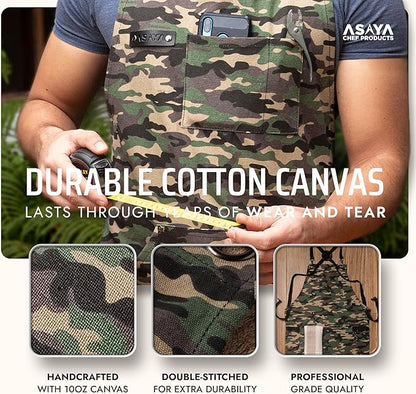 Asaya Chef and BBQ Apron with Bottle Opener and Hand Towel - 10oz Cotton Canvas, Stainless Steel Hardware - Cross Back Straps - Image 3