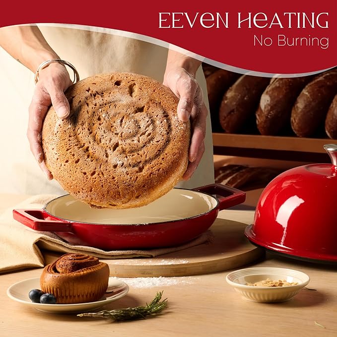 CAROTE Enameled Cast Iron Bread Dutch Oven, Round Bread Oven Pot with Dome Lid for Homemade Sourdough Bread Baking, Healthy & Non-Toxic, Dual Handles, All Stovetop Compatible, Oven Safe up to 500° F, 1.5 Quarts, 9 Inches, Red