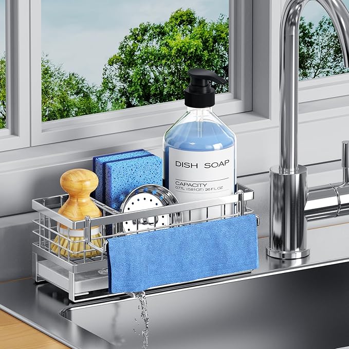 Kitchen Sink Sponge Holder - Self-Draining, Detachable Dish Cloth Holder, Rustproof Kitchen Countertop Organizer (Stainless Steel) by DYFVRENKITCHENLIFE
