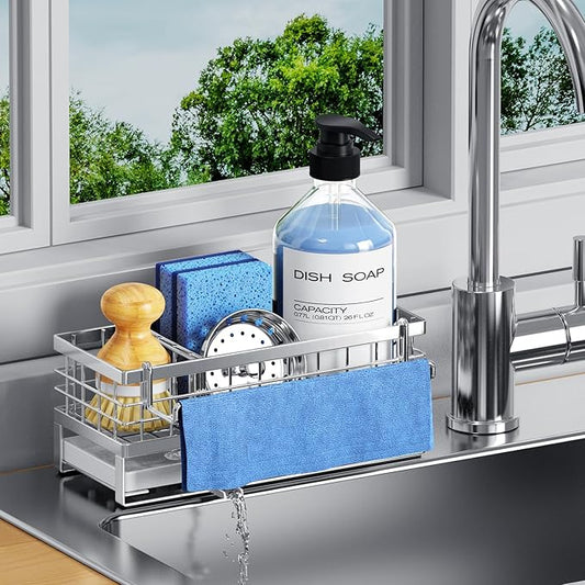 Kitchen Sink Sponge Holder - Self-Draining, Detachable Dish Cloth Holder, Rustproof Kitchen Countertop Organizer (Stainless Steel) by DYFVRENKITCHENLIFE