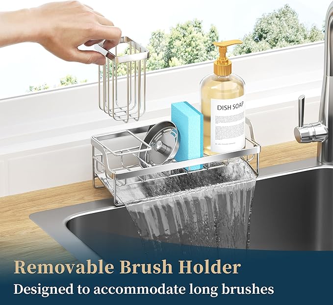 Consumest Sponge Holder for Kitchen Sink - Sink Caddy with Stainless Steel Self Drain Tray, Sink Organizer with High Brush Holder Countertop for Kitchen Sink Accessories, Silver - Image 4