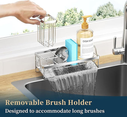 Consumest Sponge Holder for Kitchen Sink - Sink Caddy with Stainless Steel Self Drain Tray, Sink Organizer with High Brush Holder Countertop for Kitchen Sink Accessories, Silver - Image 4