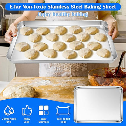E-far Large Baking Sheets Set of 3, 20”x14” Stainless Steel Cookie Sheet Pans for Oven, Non Toxic Big Metal Baking Tray for Cake Cookies, Healthy & Rust Free, Mirror Finish & Dishwasher Safe - Image 6
