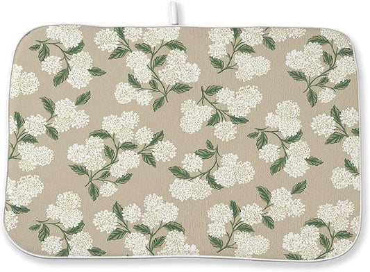 Beige Dish Drying Mat 18x24 Inch Khaki Green Vintage Floral Hydrangea Flower Drying Mat Spring Summer Seasonal Absorbent Dish Drying Pad Dish Rack Drainer Mats for Kitchen Dining Counter