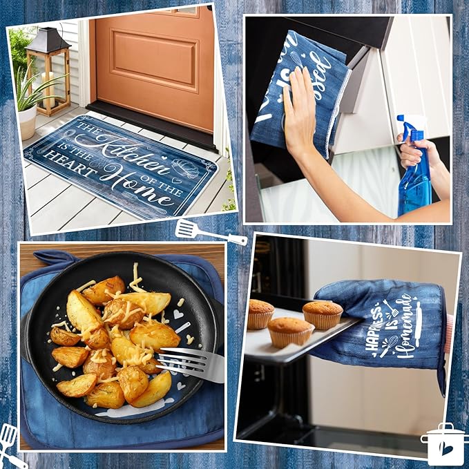 Fourluoo 10 Pcs Farmhouse Kitchen Decor and Accessories Set 4 Kitchen Towels 2 Pot Holders 2 Oven Mitts 2 Rugs for Cooking Baking Mom Housewarming Gifts(Blue,Classic Style) - Image 6