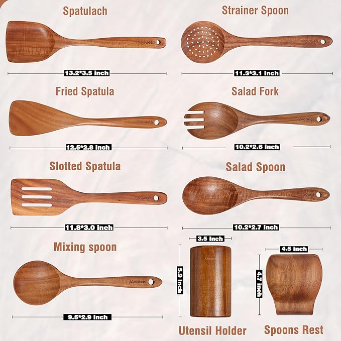 Mooues 9 Piece Natural Teak Wooden Kitchen Utensil Set with Spoon Rest - Comfort Grip Cooking Spoons and Utensils Holder - Image 3