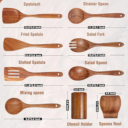 Mooues 9 Piece Natural Teak Wooden Kitchen Utensil Set with Spoon Rest - Comfort Grip Cooking Spoons and Utensils Holder - Image 3