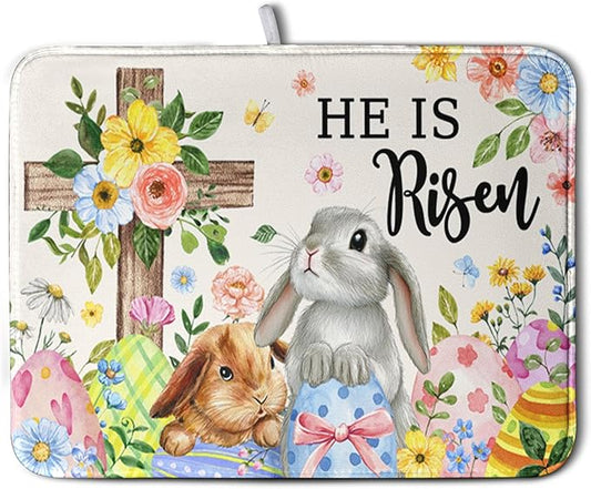 He is Risen Easter Dish Drying Mat for Kitchen Counter Bunny Floral Cross Dish Drainer Mats Spring Rabbit Flowers Egg Dish Drying Pads Absorbent Microfiber Reusable Dish Rack Mat 18x24 Inch by Kwlegh