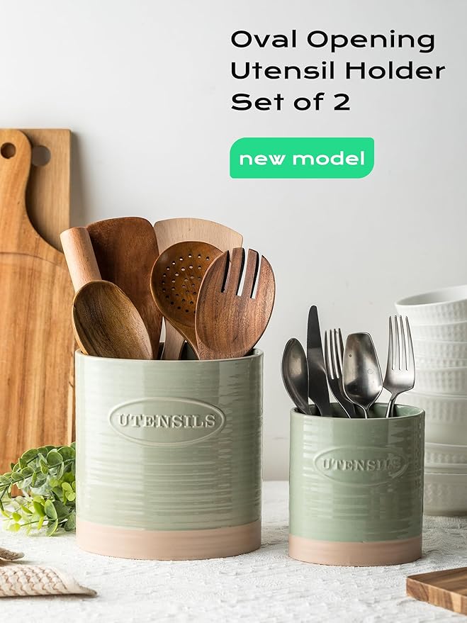 YHOSSEUN Kitchen Utensil Holder, 6.7"+5.1" Ceramic Utensil Holder for Kitchen Counter, Oval Cooking Utensil Crocks for Countertop, Utensil Storage Organizer Set of 2, Green - Image 4