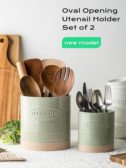 YHOSSEUN Kitchen Utensil Holder, 6.7"+5.1" Ceramic Utensil Holder for Kitchen Counter, Oval Cooking Utensil Crocks for Countertop, Utensil Storage Organizer Set of 2, Green - Image 4