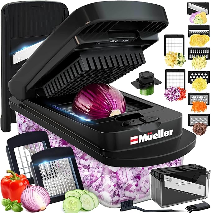 Mueller Pro-Series 10-in-1, 8 Blade Vegetable Chopper, Mandoline Slicer, Onion Mincer, Cutter, Dicer, Veggie Chopper with Container, Kitchen Essentials & Gadgets, House Warming Gifts New Home, Black by Mueller