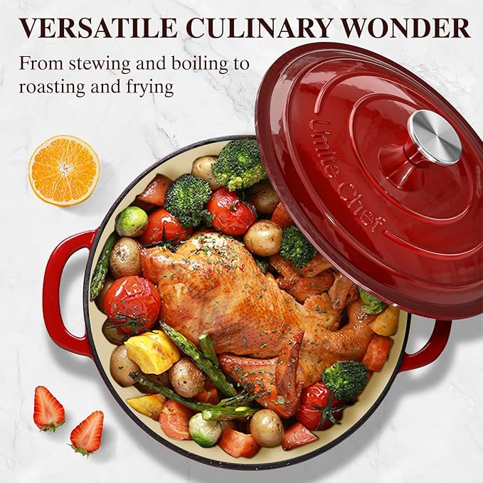 Enameled Cast Iron Dutch Oven - Umite Chef 5QT Pot with Lid & Cotton Potholders - Heavy-Duty Cookware for Bread Baking, Braising, Stews, Roasting(Red) - Image 4