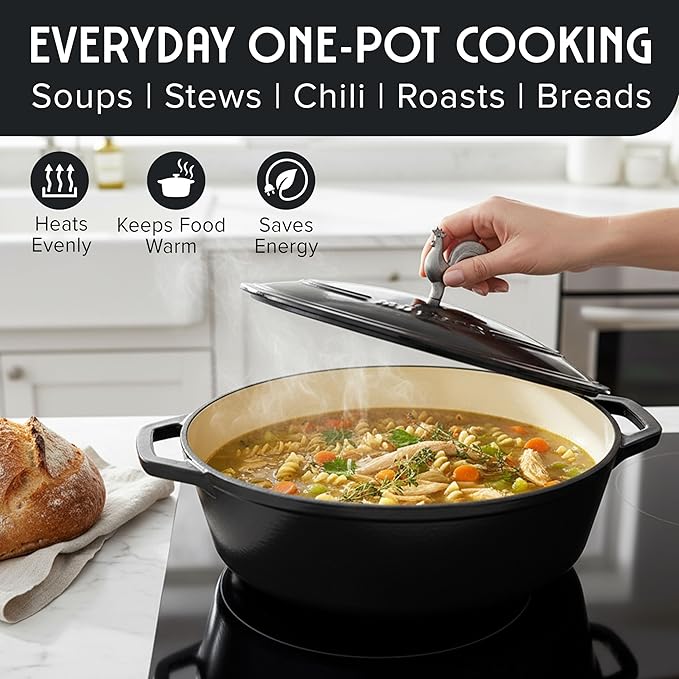 MUELLER HOME 5.5 Quart Enameled Cast Iron Oval Dutch Oven with Rooster Knob & Cotton Potholders, Heavy-Duty Cookware, Oven-Safe up to 500° F & Across All Cooktops, Gifts for Grandma & Women, Black - Image 6