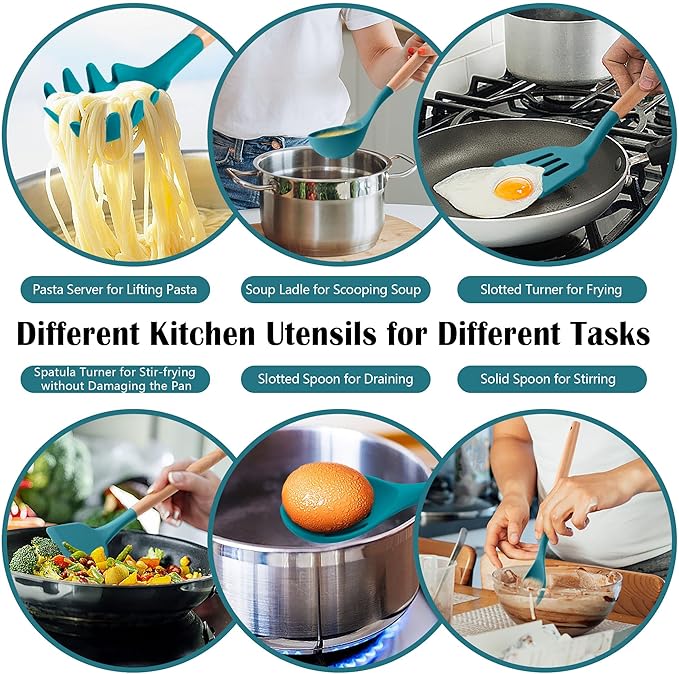 HaWare Kitchen Cooking Utensils Set, 23-Piece Silicone Kitchen Utensils Spatula Set with Holder, Heat Resistant Wooden Handle Kitchen Gadget for Nonstick Cookware, Food-grade Turner Spoon Sets (Blue) - Image 5