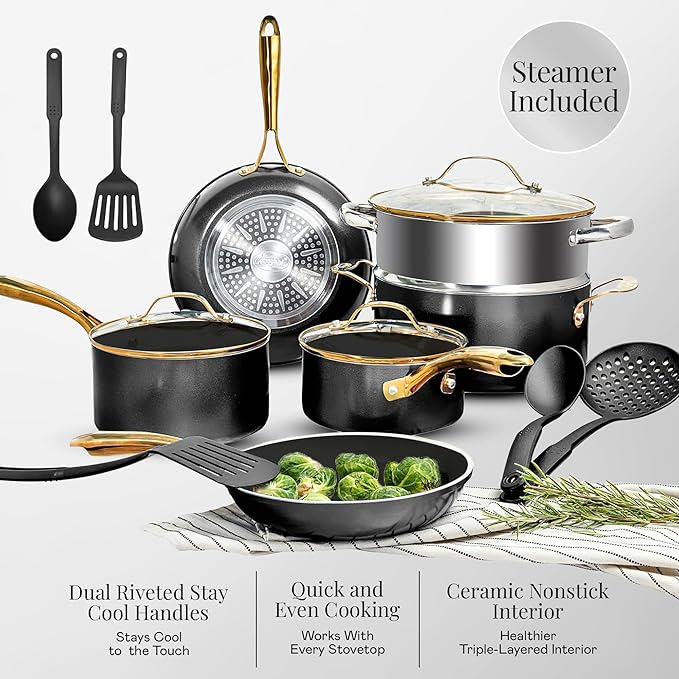 Gotham Steel 15 Pc Ceramic Cookware Set Nonstick, Ceramic Pots and Pans Set Non Stick with Steamer & Cooking Utensils, Non Toxic PFOA PFOS Free, Premium Stay Cool Handles, Oven & Dishwasher Safe - Image 3