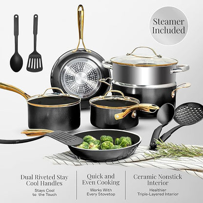 Gotham Steel 15 Pc Ceramic Cookware Set Nonstick, Ceramic Pots and Pans Set Non Stick with Steamer & Cooking Utensils, Non Toxic PFOA PFOS Free, Premium Stay Cool Handles, Oven & Dishwasher Safe - Image 3