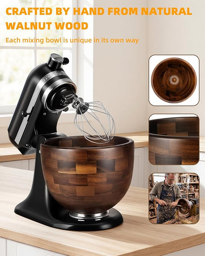Premium Walnut Wood Mixing Bowl, Compatible with KitchenAid 4.5 & 5 QT Tilt-Head Mixers, Natural True Walnut Wooden Bowl with Stainless Steel Locking Base, 5QT (9.4")