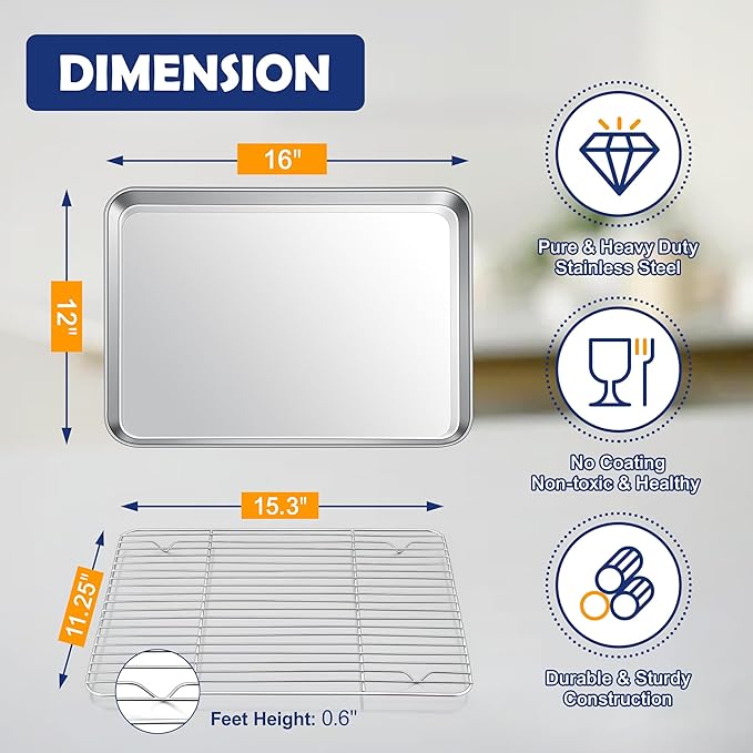 16 Inch Baking Sheet Pan with Rack Set, Joyfair Stainless Steel Toaster Oven Pans Tray & Cooling Racks for Cookie/Jelly Roll/Bacon/Meat, Commercial Metal & Rust-free, Dishwasher Safe - Image 2