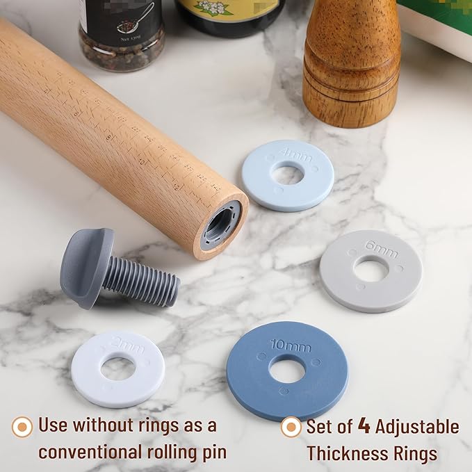 BAMBOO LAND- Adjustable Rolling Pin with Thickness Rings for Baking, 13.8", 4 Pastel Colored Thickness Rings (2-10 mm or 1/16"-3/8"), Wood Rolling Pins for Baking, Bread, Pizza Doughs - Image 5