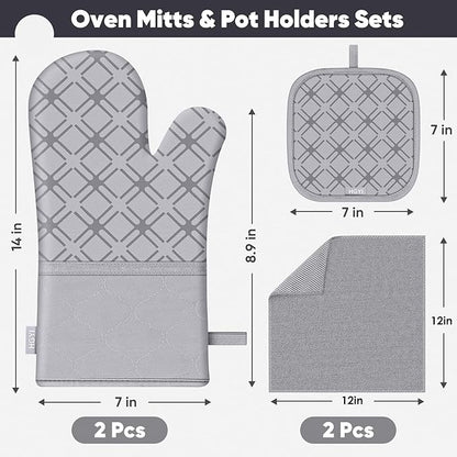 Oven Mitts and Pot Holders Set with Dishcloths, 500 Degree Heat Resistant Oven Gloves and Hot Pads, Premium Soft Cotton Kitchen Mittens and Dish Cloth Sets-Grey - Image 2