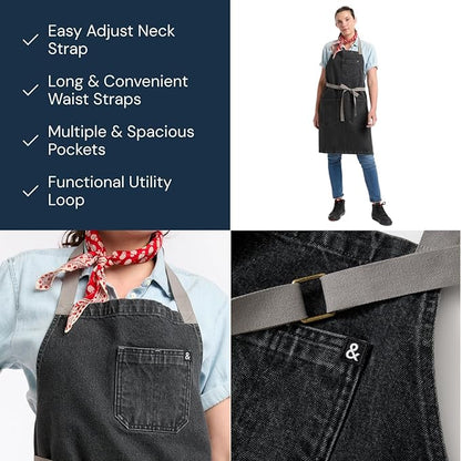 hedley & bennett Essential Apron - Professional Chef Apron with Pockets & Adjustable Bib Strap for Cooking & Grilling