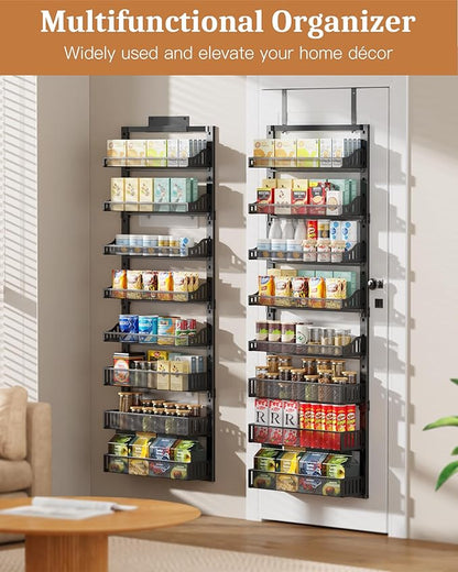 POKIPO 8-Tier Over the Door Pantry Organizer, Large Metal Door Spice Rack with Adjustable Basket, 2 in 1 Wall Mount or Hanging Heavy-Duty Pantry Door Storage Shelf for Kitchen and Bathroom, Black - Image 2