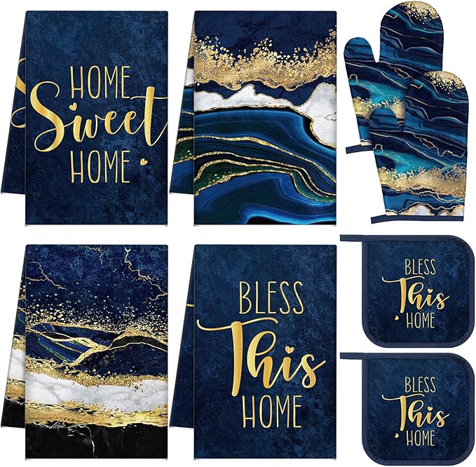 Leinuosen 8 Pcs Blue Marble Kitchen Decor Dish Towels and Oven Mitts Sets Pot Holders and Dishcloths Farmhouse Kitchen Accessories Decorative Set for Chef Baking Cooking Daughter Mom Gift