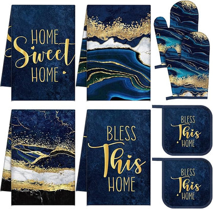 Leinuosen 8 Pcs Blue Marble Kitchen Decor Dish Towels and Oven Mitts Sets Pot Holders and Dishcloths Farmhouse Kitchen Accessories Decorative Set for Chef Baking Cooking Daughter Mom Gift