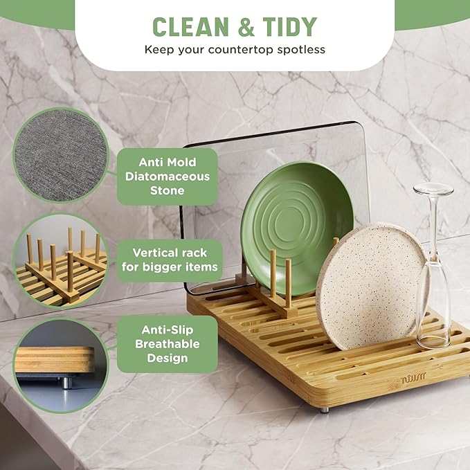 NIUM Stone Drying Mat for Kitchen Counter & Bamboo Rack - 16″x12″ - Diatomaceous Earth Dish drying mat Ultra Absorbent & Fast Drying - EcoFriendly with Non-Slip Pads & Anti-Moisture Design - Image 2