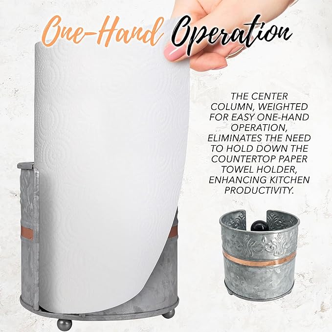 Autumn Alley Farmhouse Galvanized Kitchen Paper Towel Holder – Vintage Style Weighted Countertop Design – Rustic Warm Copper Accent with Galvanized Metal for Industrial Flair