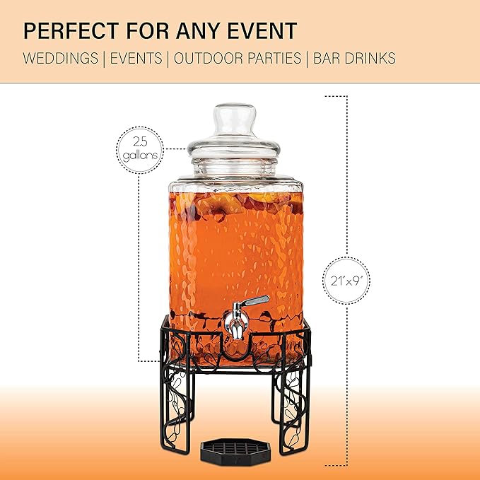 2.5 Gallon Glass Beverage Dispenser with Stainless Steel Spigot, Metal Stand, and Drip Tray – Mason Jar Style Drink Dispenser for Parties, Iced Tea, Water, Lemonade, and More - Image 5