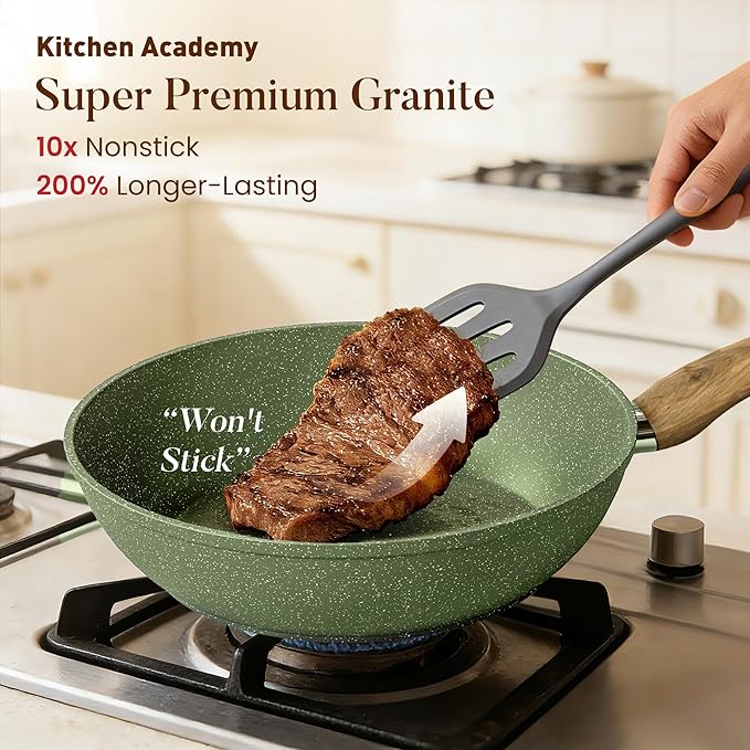 Kitchen Academy Non Toxic Pots and Pans Set Non Stick - 12 Piece Induction Cookware Sets, Green Granite Nonstick Cooking Pot and Pan, PFOA&PFOS Free - Image 2