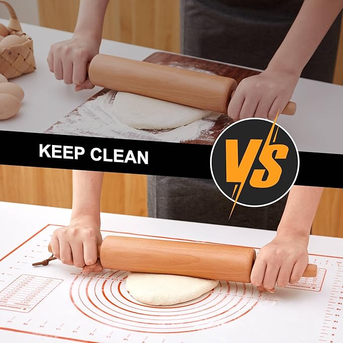 Classic Wood Rolling Pin - Wooden Rolling Pins for Baking Silicone Mat Set, Dough Roller with Wood Base, Fondant Roller for Pie Crust Cookies Pizza Dough and Bread, 17 Inch - Image 7