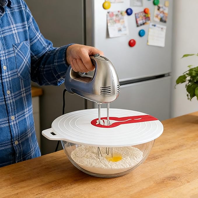 Silicone Splatter Guard - 12-Inch Mixer Cover & Bowl Lid， Universal Hand Mixer Splatter Guard & Mixing Bowl Cover. Transparent Anti-Splash Lid for Whisking Eggs & Baking, Fits Most Bowls.